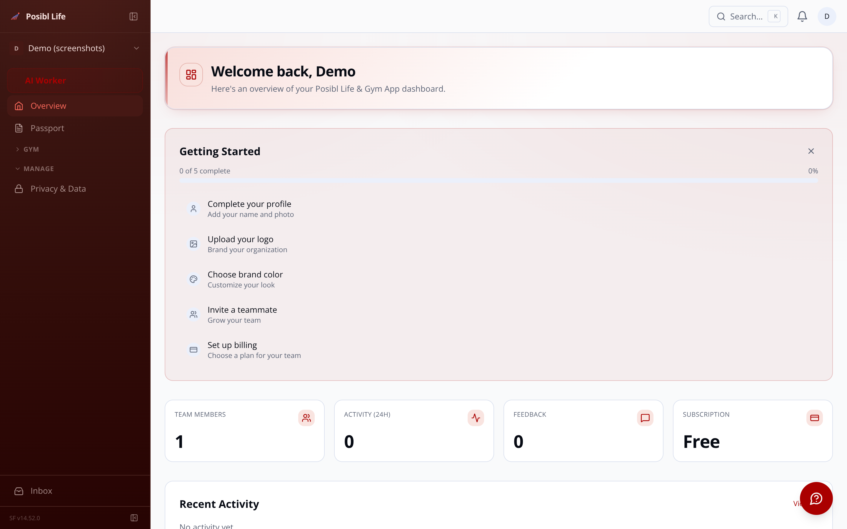 Posibl member dashboard showing today's session, readiness score, and training feed