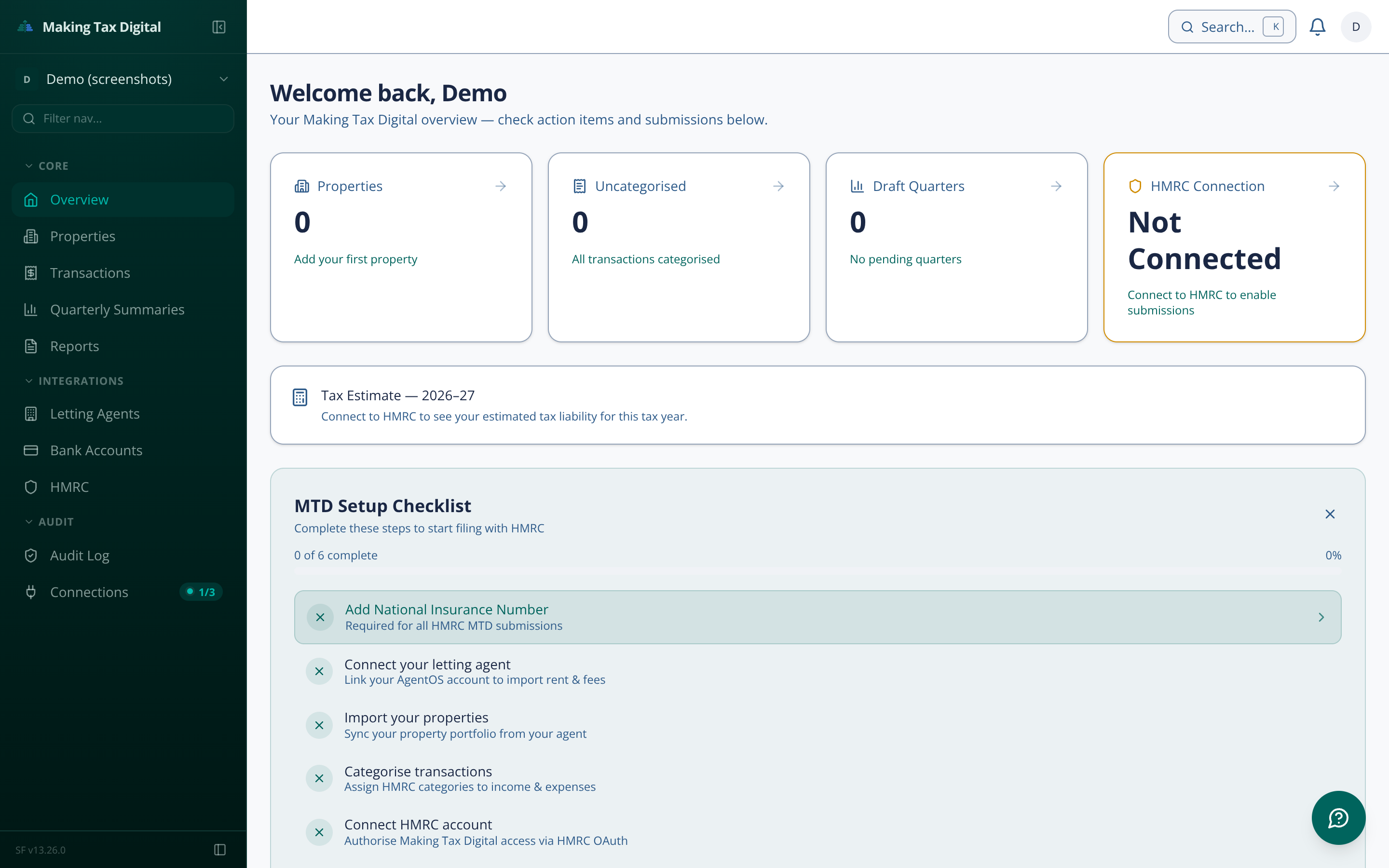 Making Tax Digital dashboard showing portfolio overview, quarterly submission status and transaction categorisation