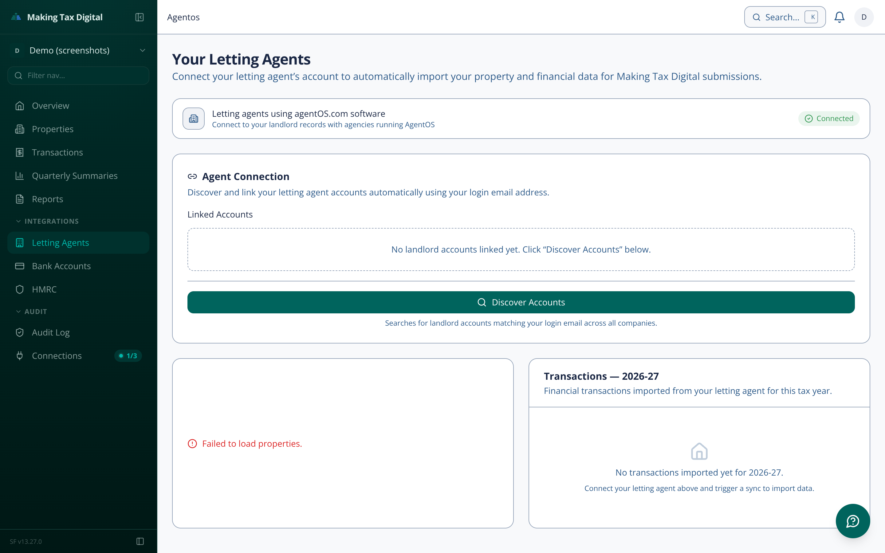 AgentOS letting agent connection panel showing linked accounts and sync status