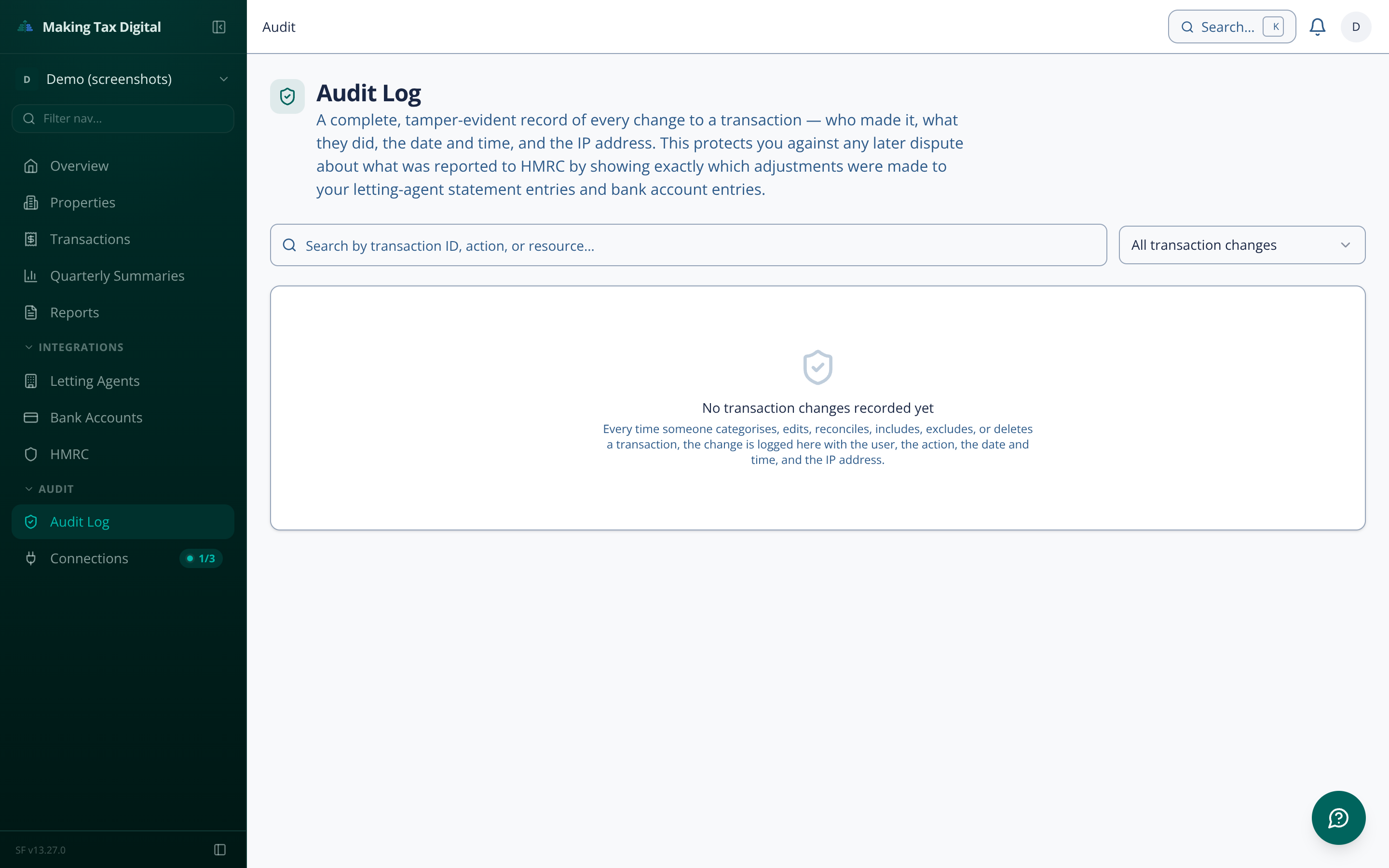 Audit log showing timestamped record of transaction changes and HMRC submission events