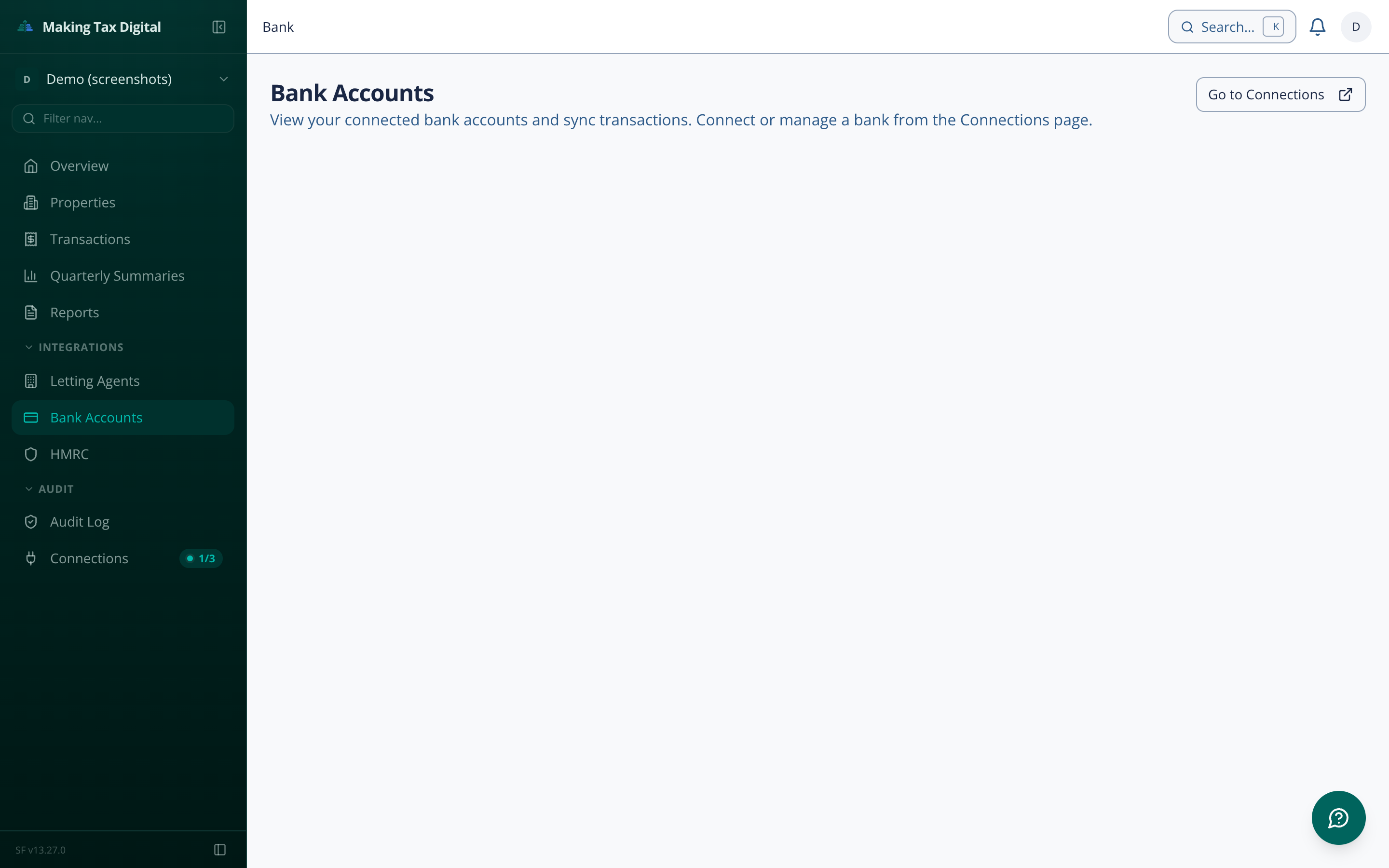 Bank accounts page showing Open Banking connection with transaction sync status