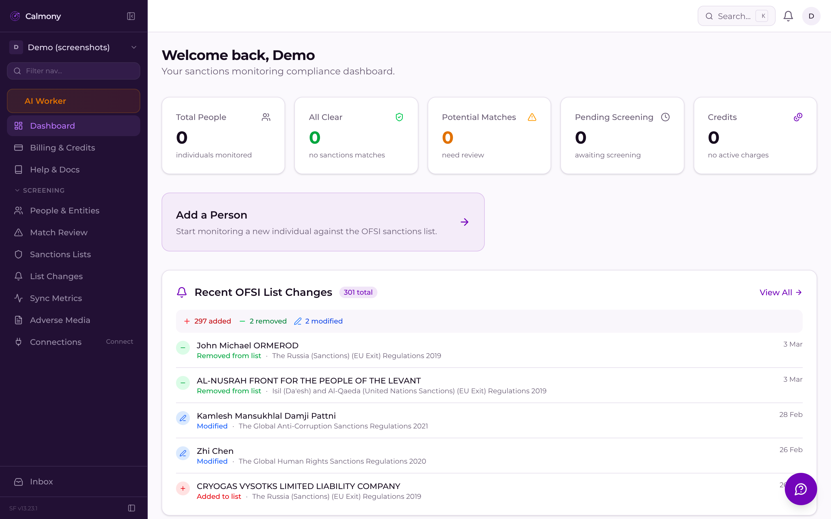 Calmony Sanctions Monitor dashboard — overview of screening status, match counts, and monitoring stats
