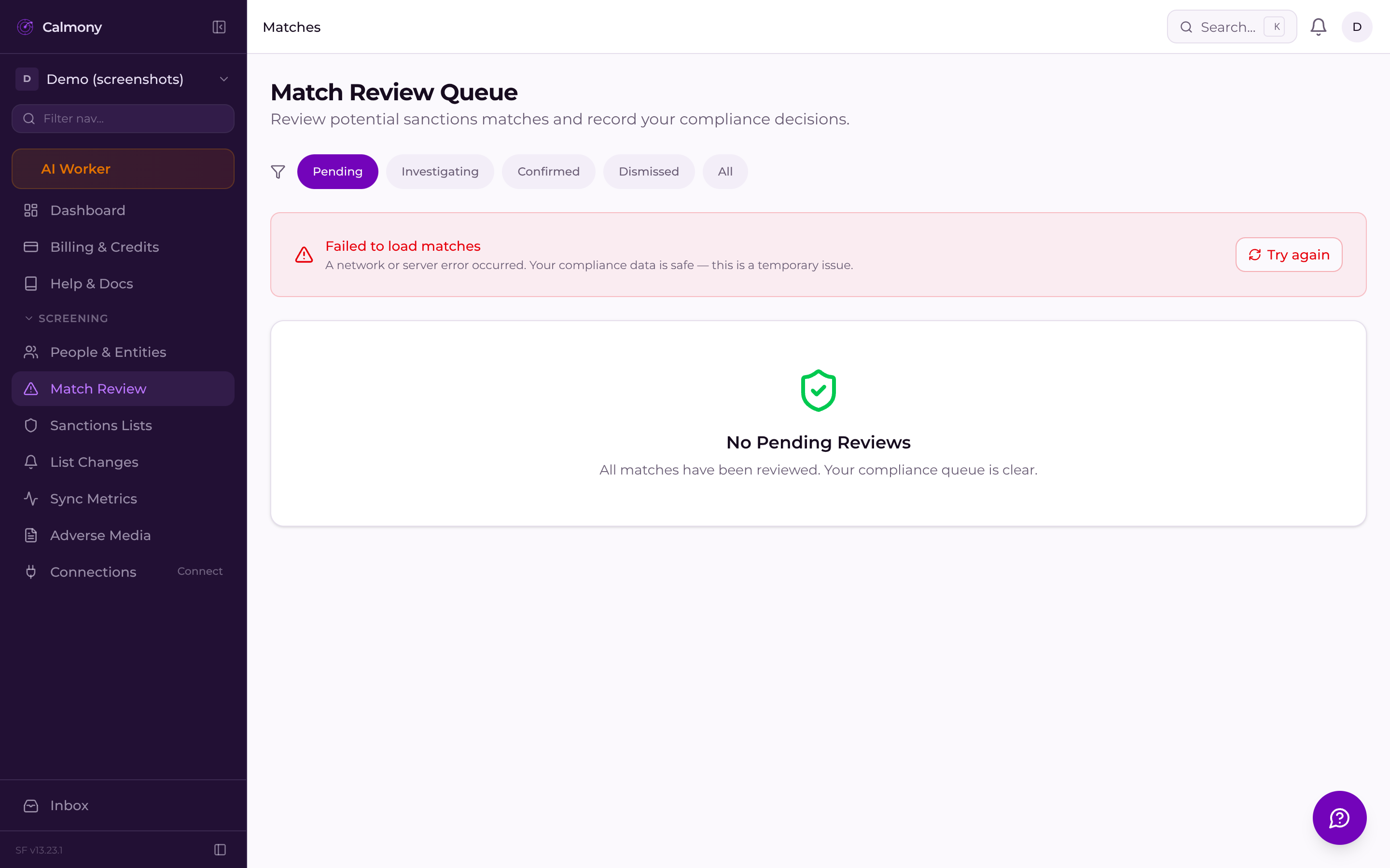 Calmony Match Review queue showing flagged potential sanctions matches with review controls