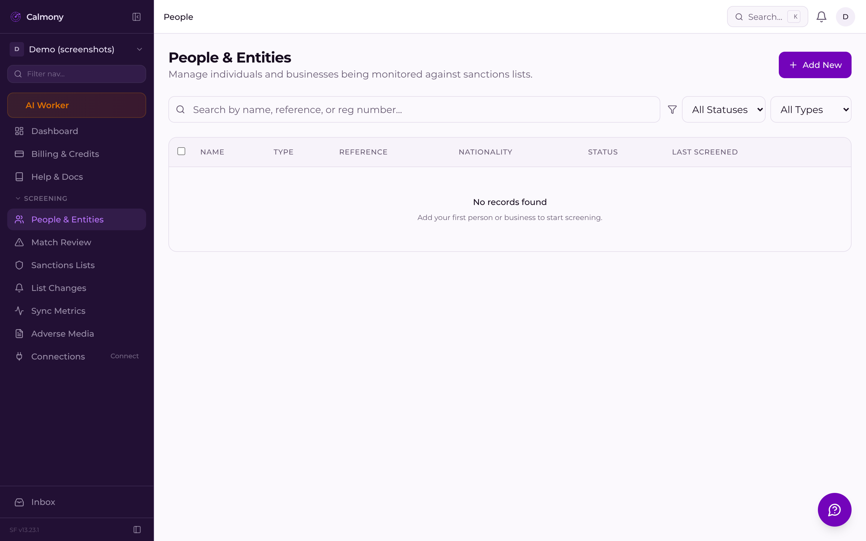 Calmony People & Entities list showing monitored individuals with screening status indicators
