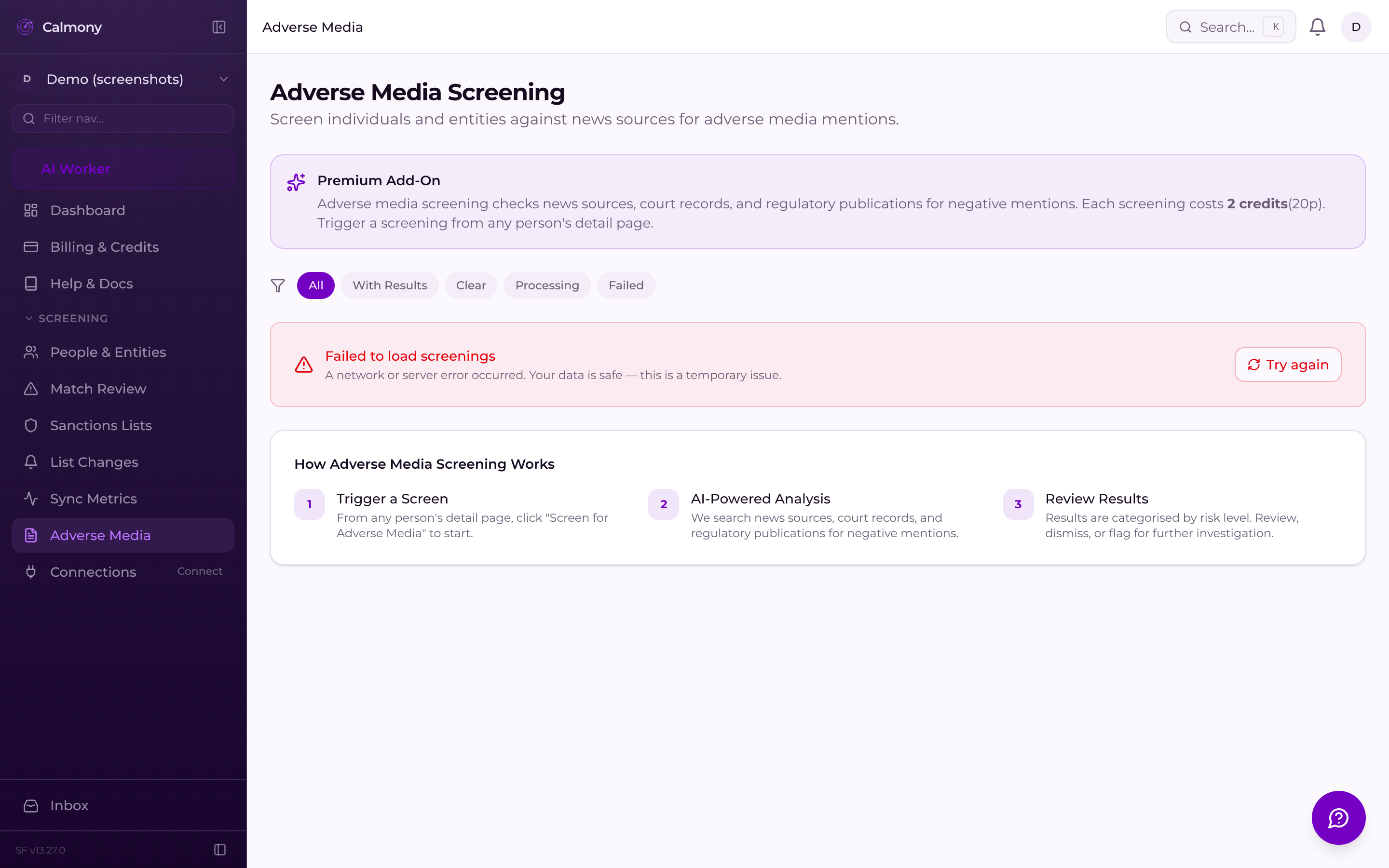 Calmony Adverse Media dashboard showing news signals alongside sanctions screening status