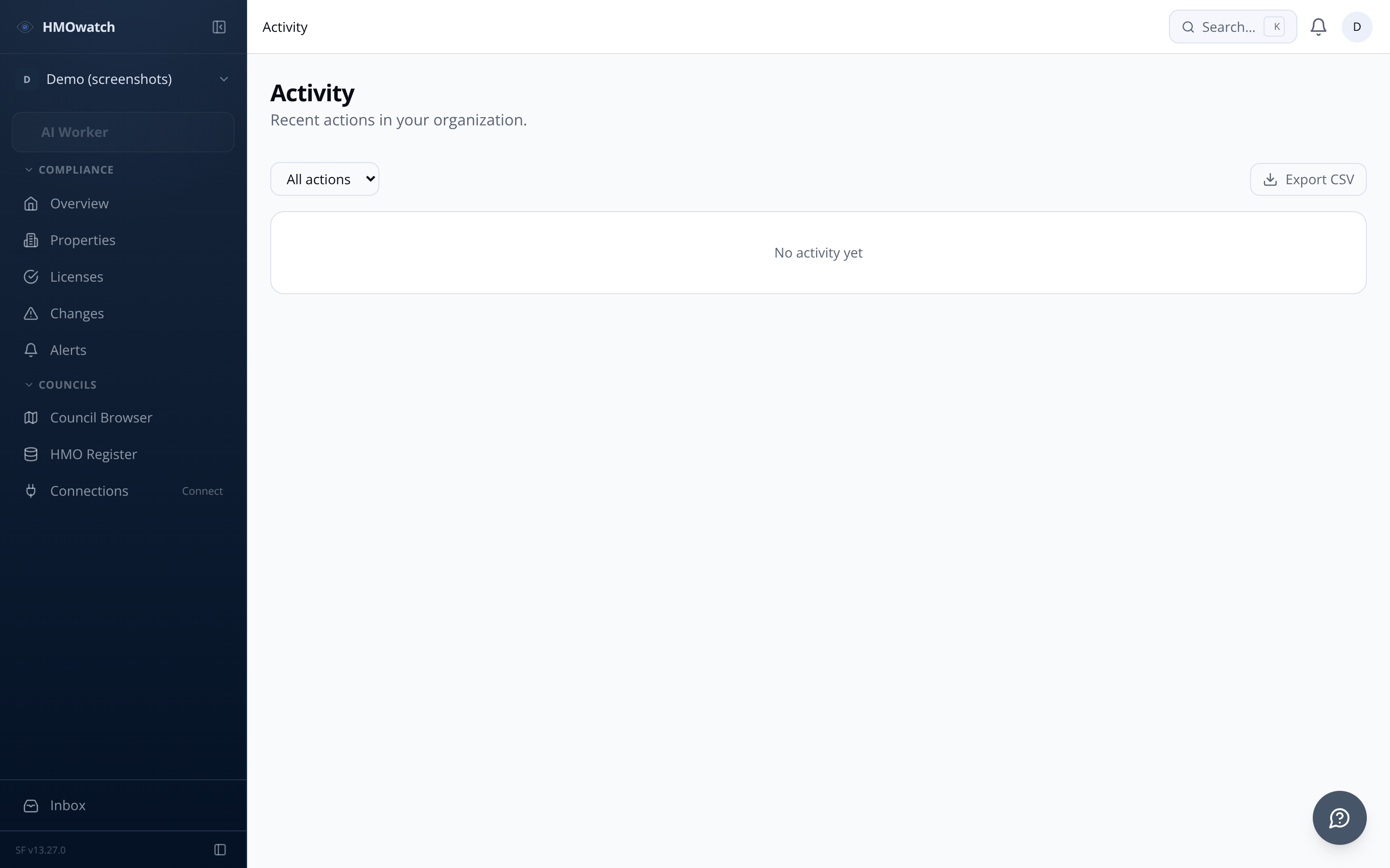 HMOwatch activity feed — full chronological compliance audit trail