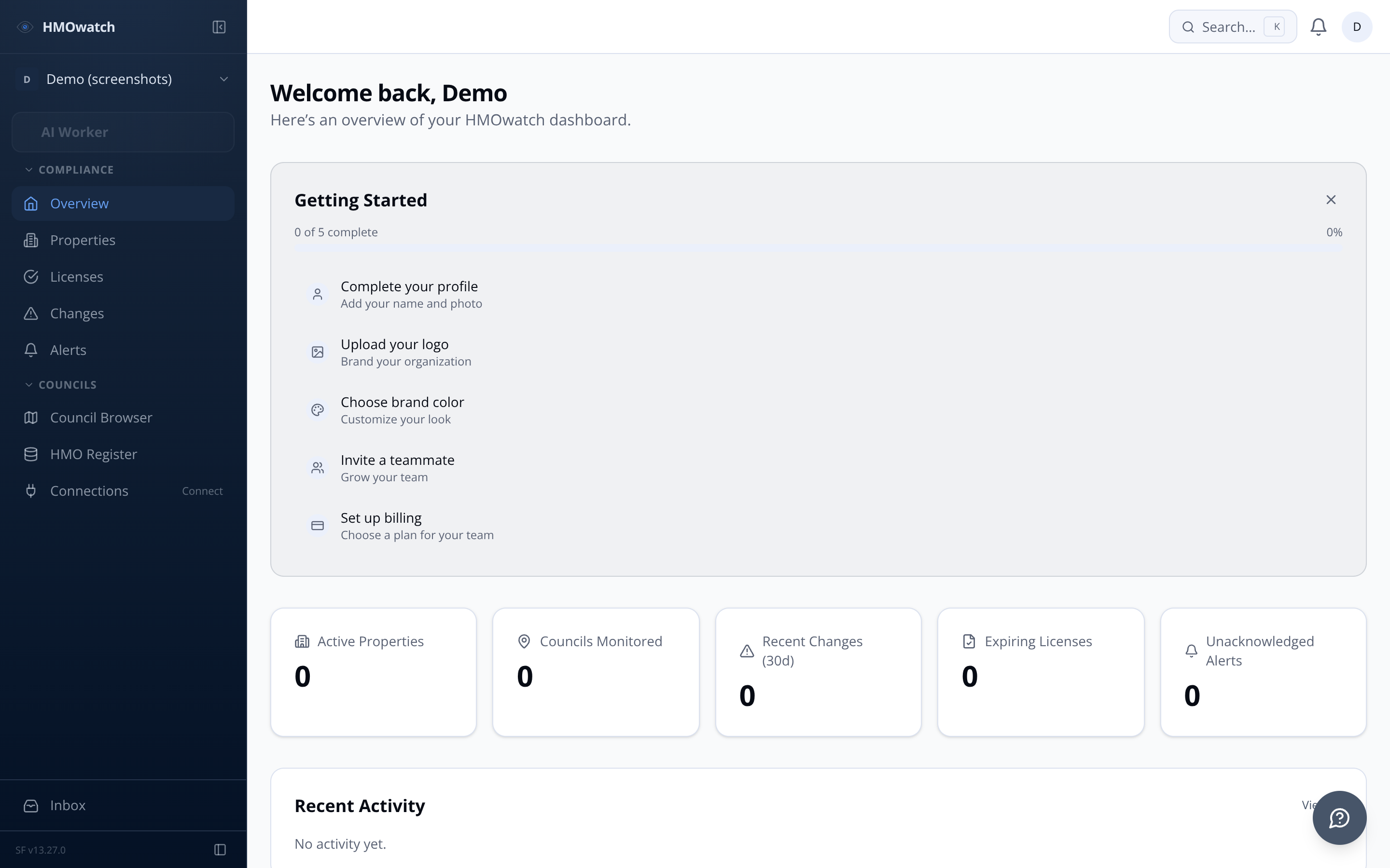 HMOwatch dashboard — live compliance overview