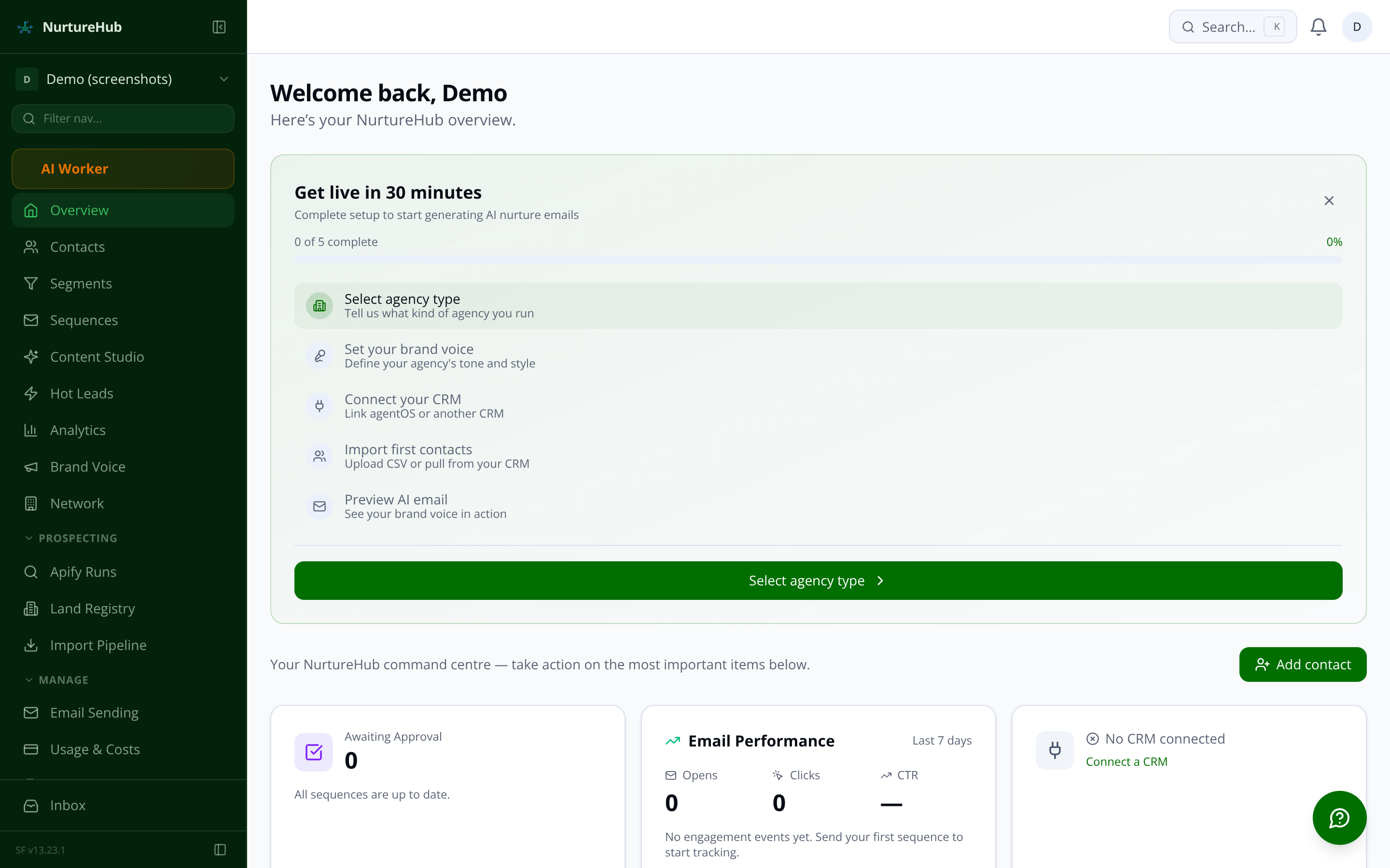 NurtureHub dashboard showing hot leads, email performance, and CRM sync status