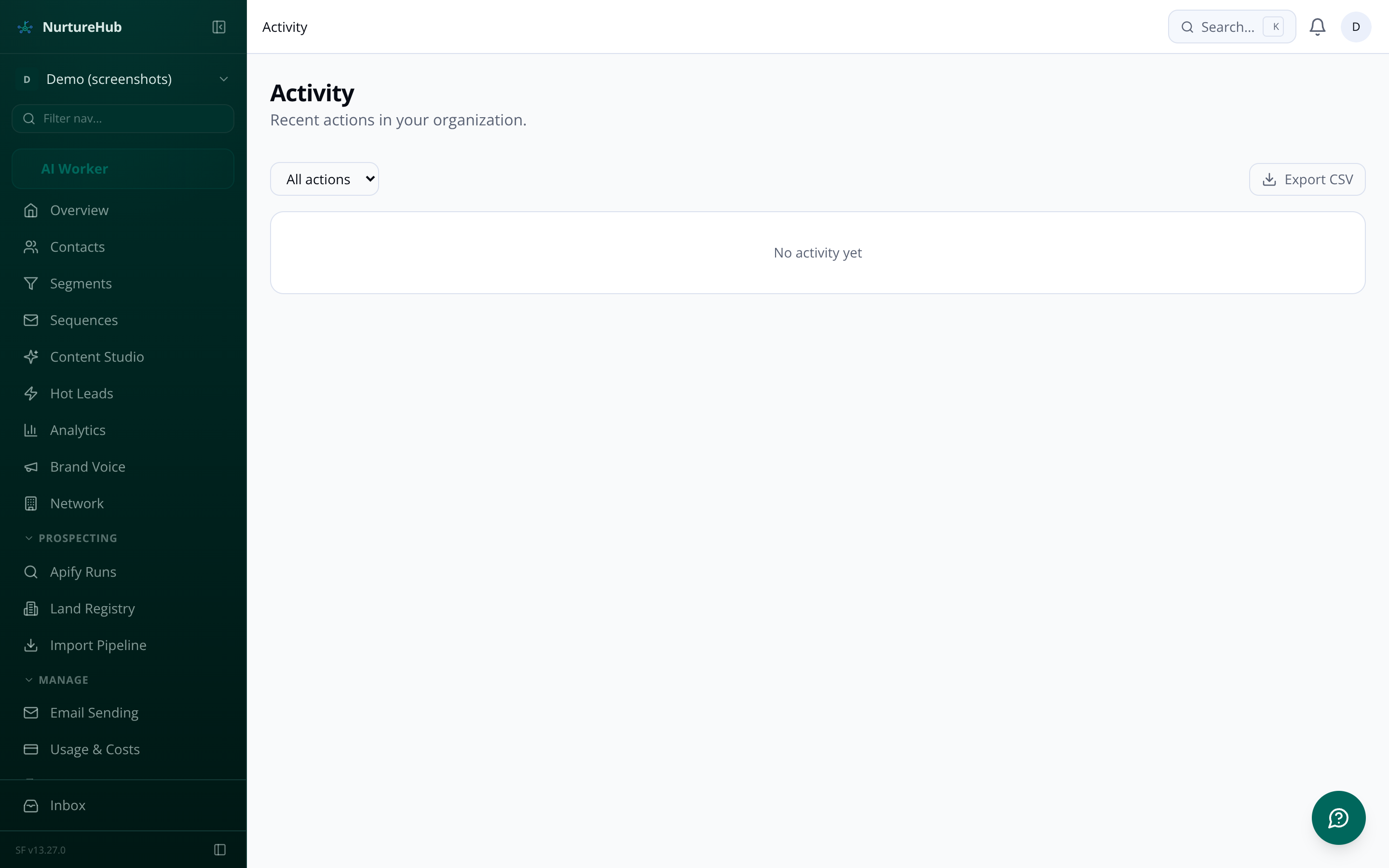 NurtureHub activity timeline showing email delivery events and engagement