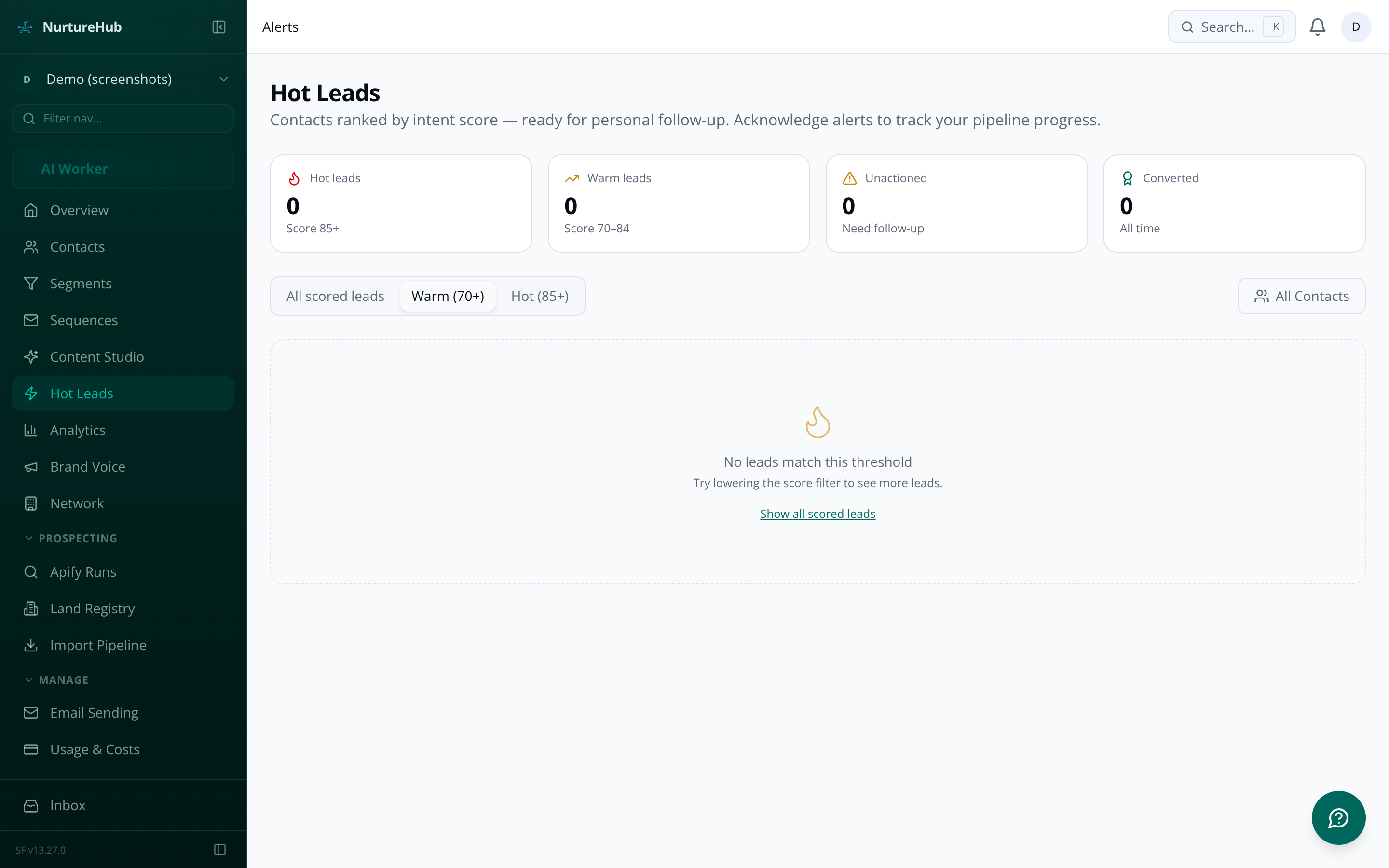 Hot lead alert panel showing contact intent score and engagement breakdown