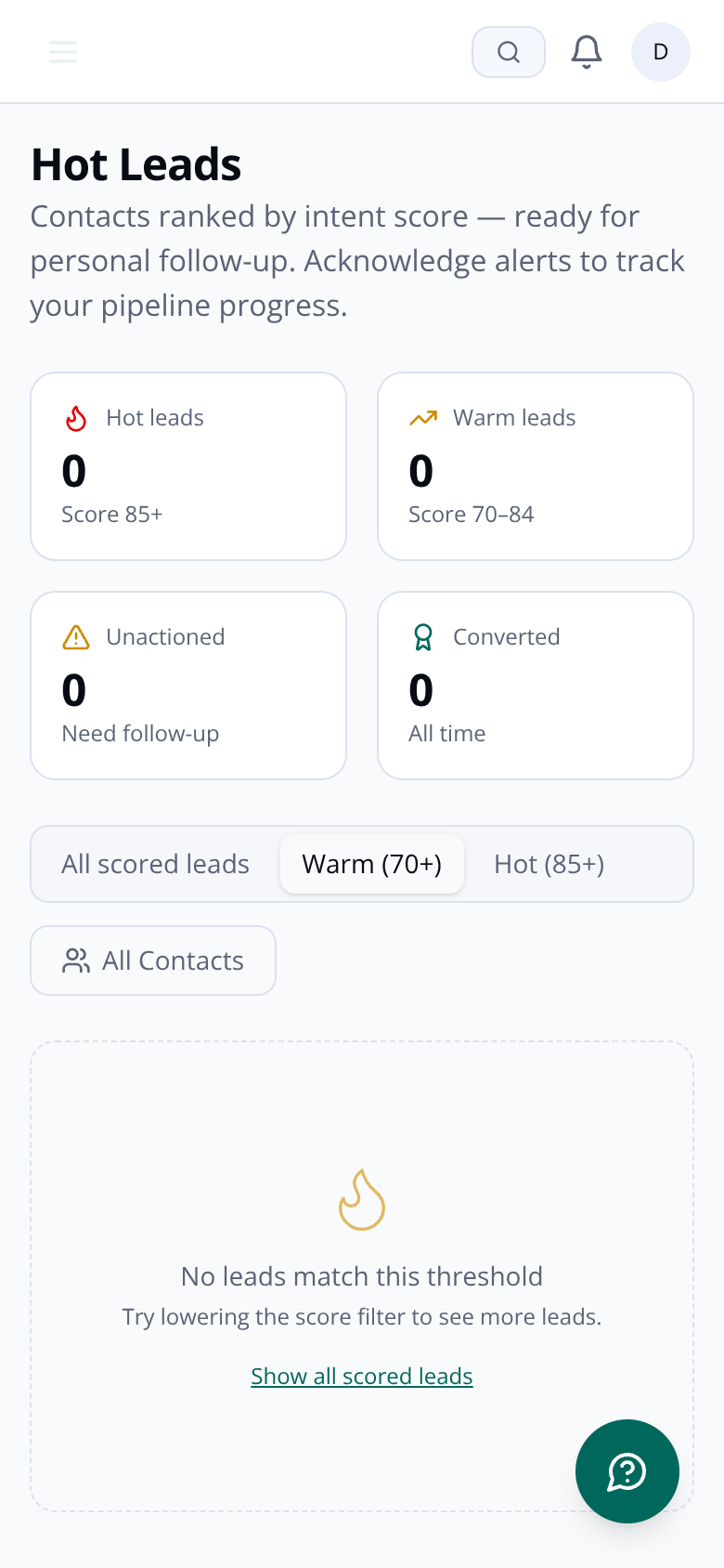Hot lead alerts page on mobile showing contact intent scores and alert feed