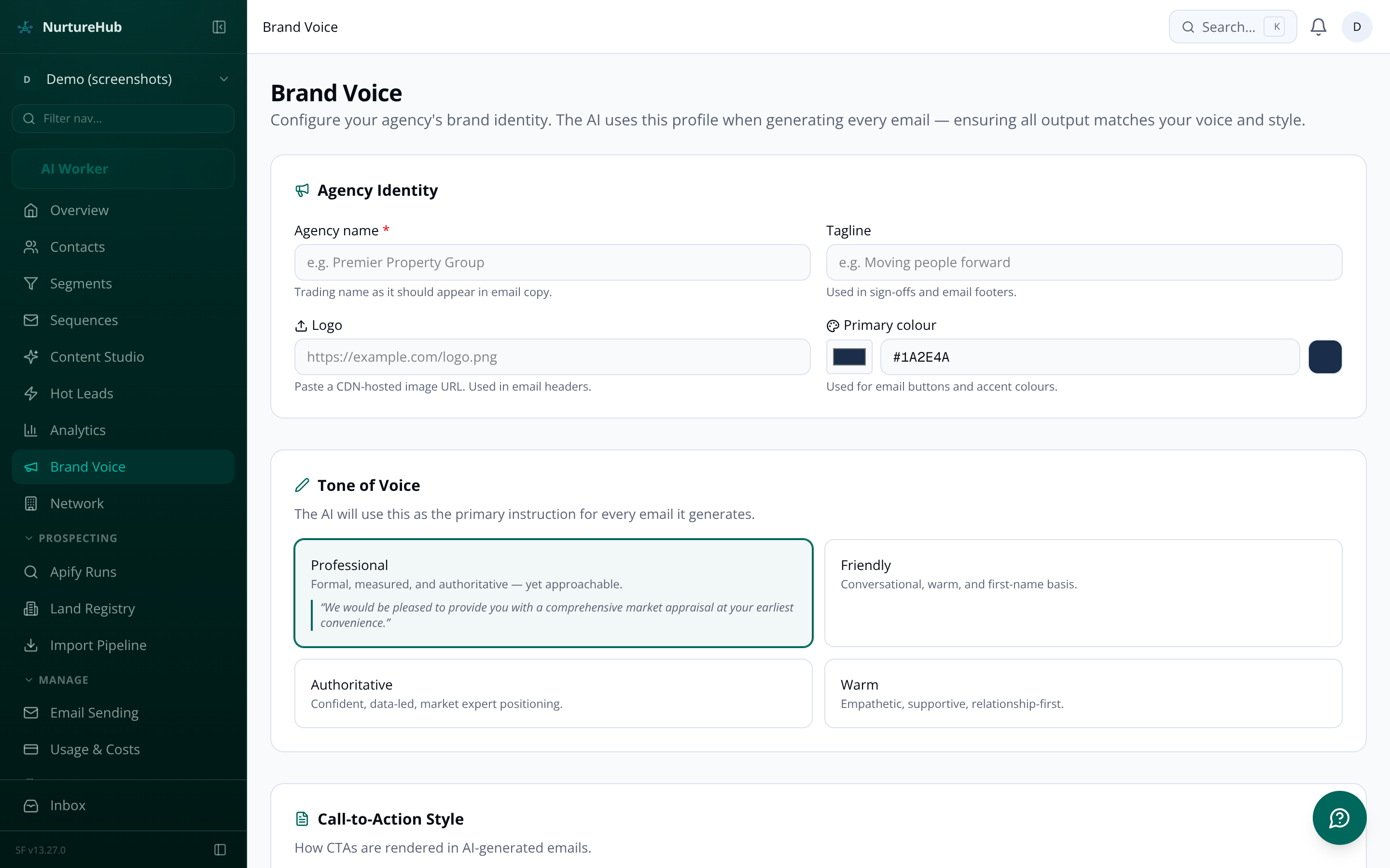 Brand voice configuration page showing tone selector and agency profile fields